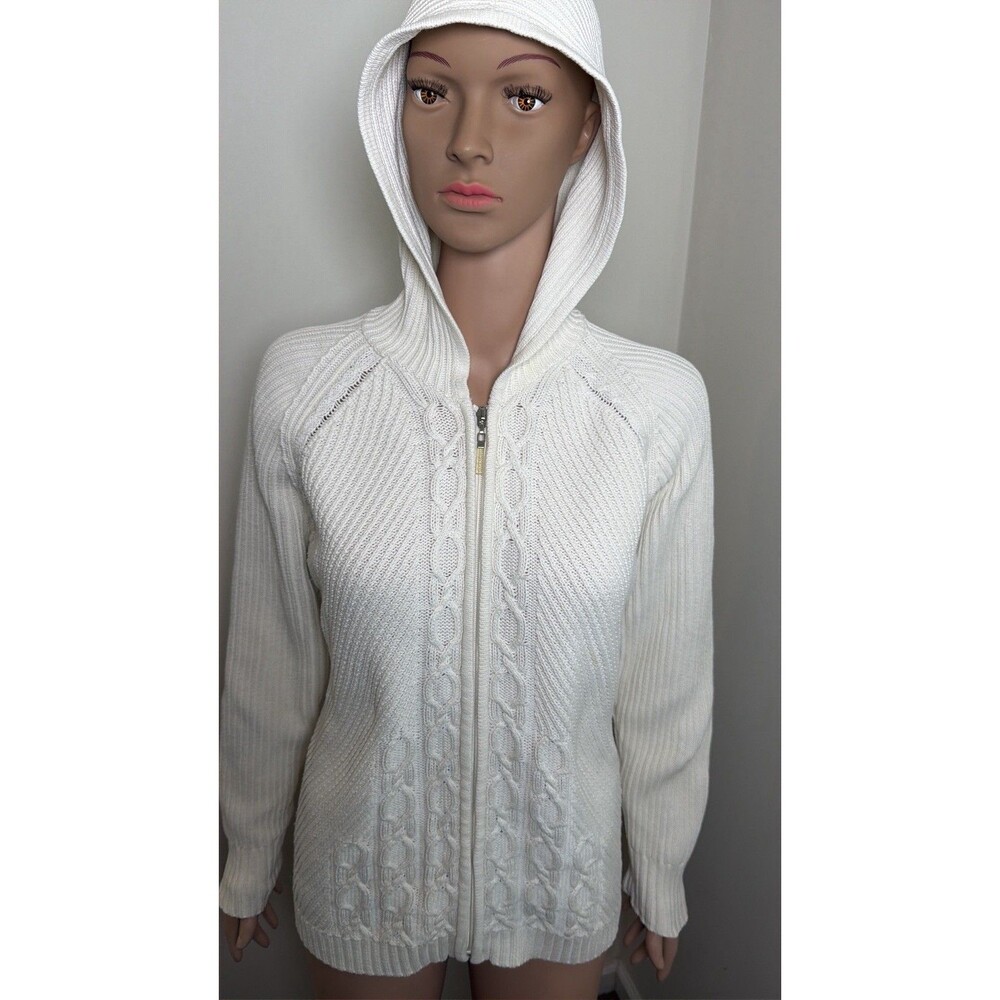 Y2K IZOD Cream Cable Knit Zip Hoodie 100 % Cotton Preppy Coastal Grandma Large